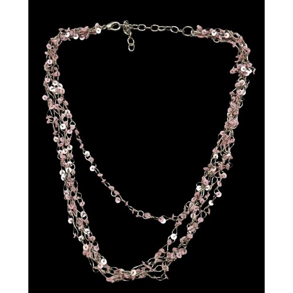 Fairycore Pink Sequin Layered Necklace On Silver Tone Chain - Picture 1 of 6